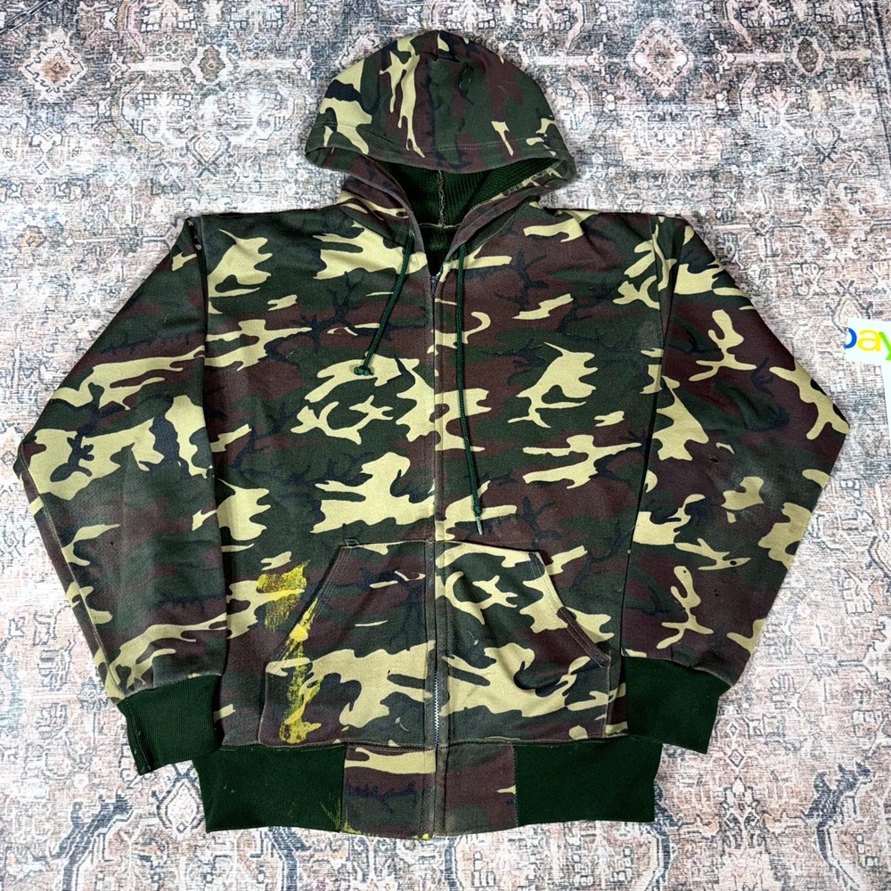 Vintage 1970s Camo Waffle Lined Zip Up Hoodie Size L/44